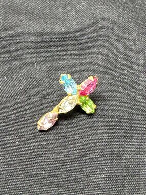 Colorful Rhinestone Cross Pin With Gold-Tone Backing & Secure Clutch Small Size